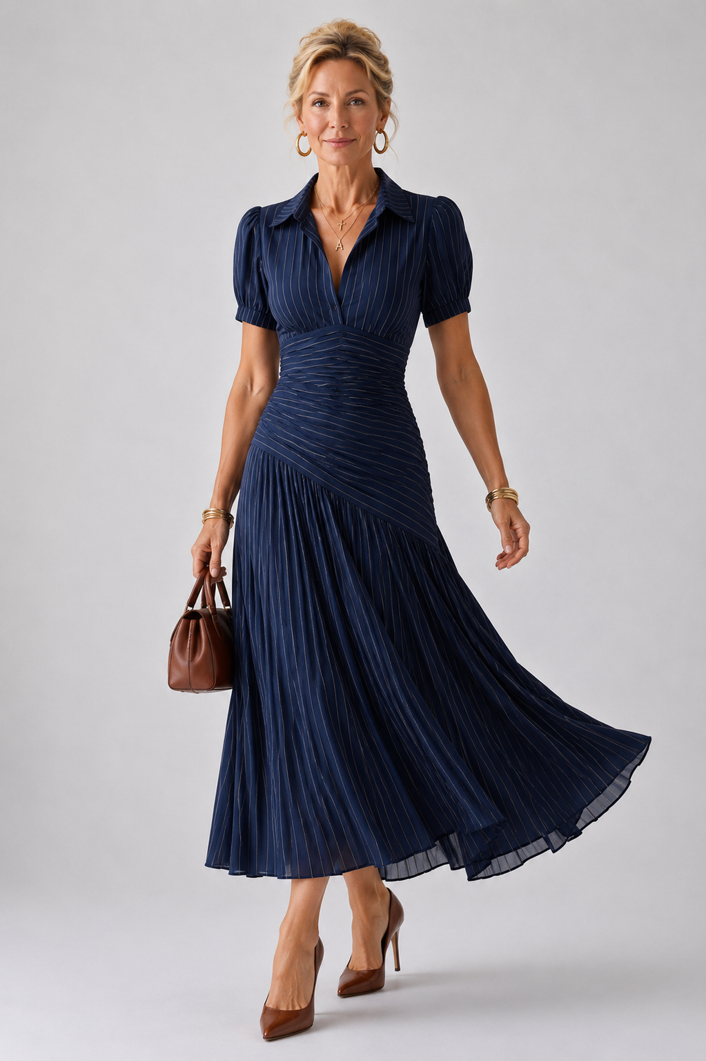 Theodora | Striped Midi Dress with Pleated Waist™