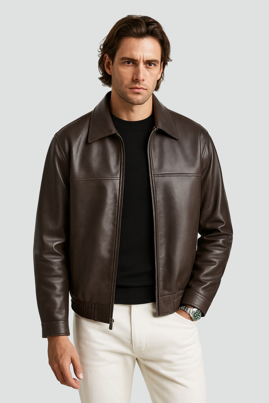 Men's Zip Front Jacket, Pointed Collar, Long Sleeves