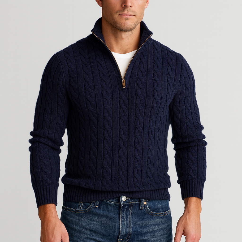 Sean | Mens Cable Knit Half-Zip Sweater with High Collar | Regular Fit, Slight Stretch | Gray, Navy and More S-3XL