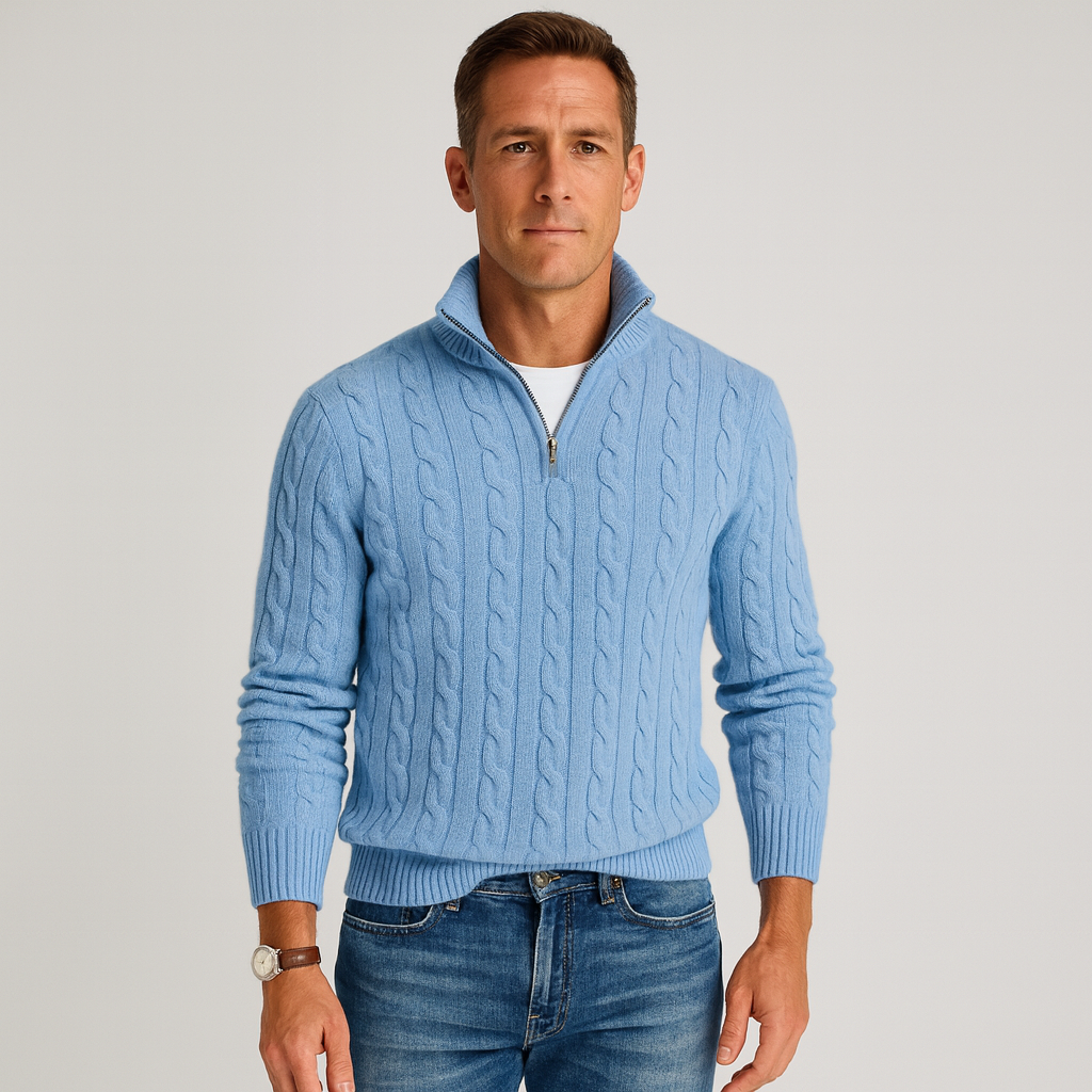Sean | Mens Cable Knit Half-Zip Sweater with High Collar | Regular Fit, Slight Stretch | Gray, Navy and More S-3XL