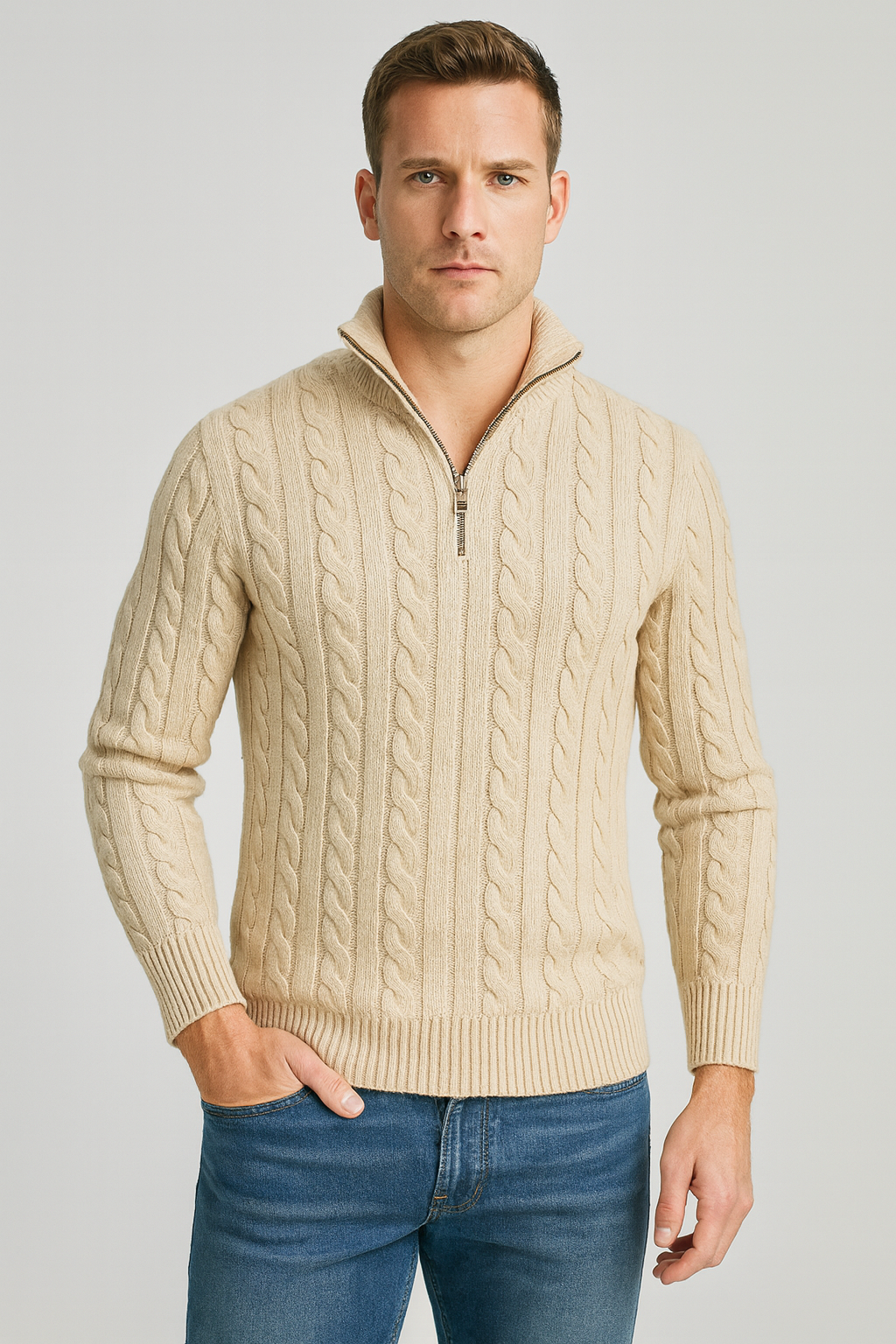 Sean | Mens Cable Knit Half-Zip Sweater with High Collar | Regular Fit, Slight Stretch | Gray, Navy and More S-3XL