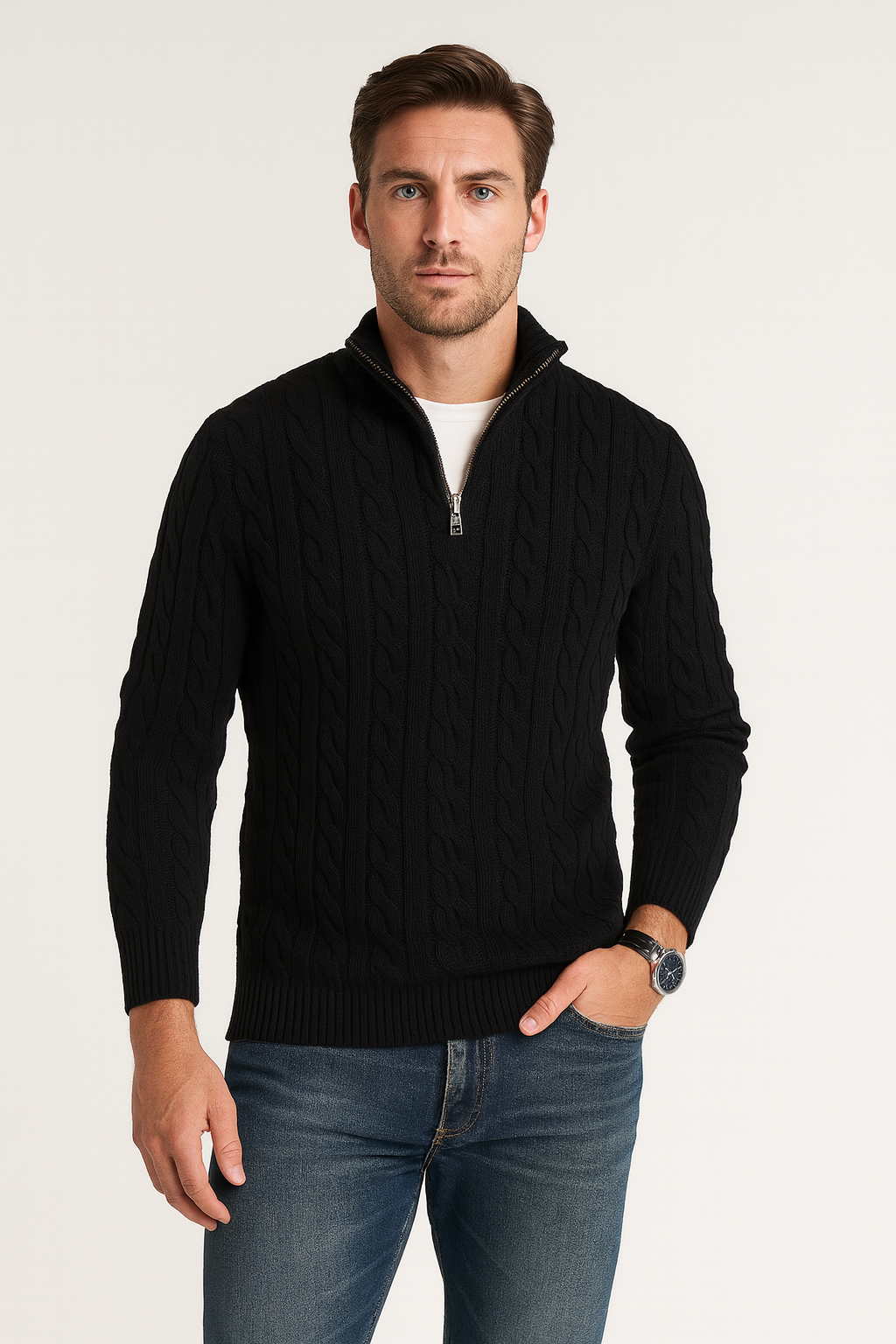 Sean | Mens Cable Knit Half-Zip Sweater with High Collar | Regular Fit, Slight Stretch | Gray, Navy and More S-3XL