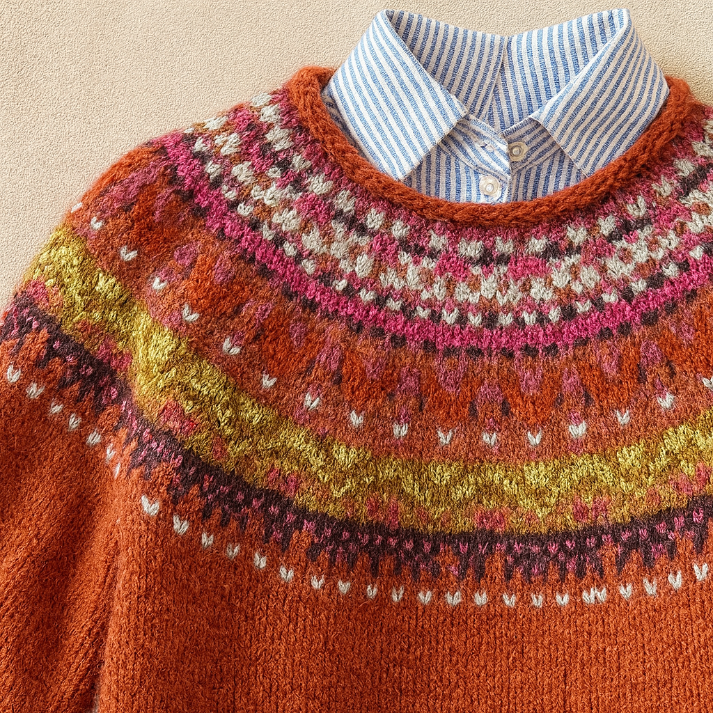 Women's Geometric Knit Sweater, Crew Neck, Long Sleeves