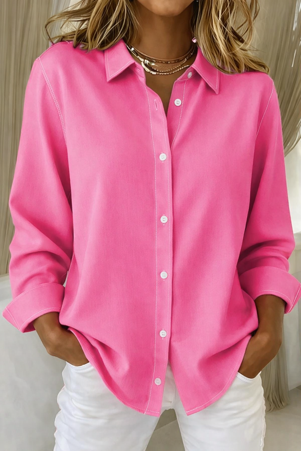 Women's Button Front Shirt with a Structured Collar | Lightweight Breathable Blouses for Women | Size S-5XL, 6 Colors
