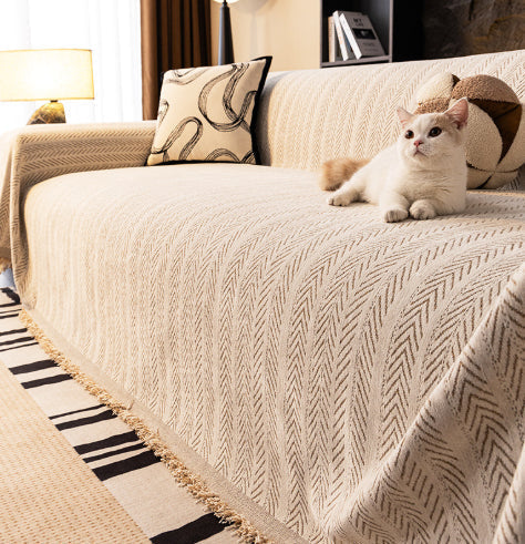 Chic Fringed Herringbone Throw Blanket for Living Room Decor