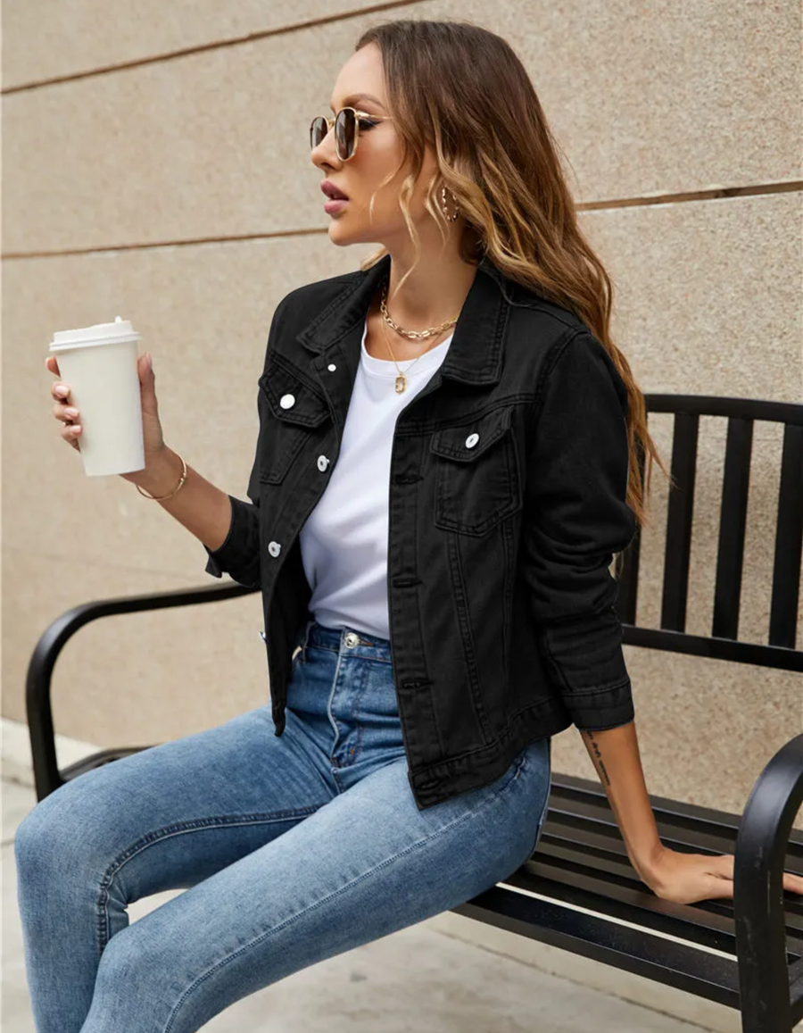 Women's Cropped Denim Jacket with Chest Pockets