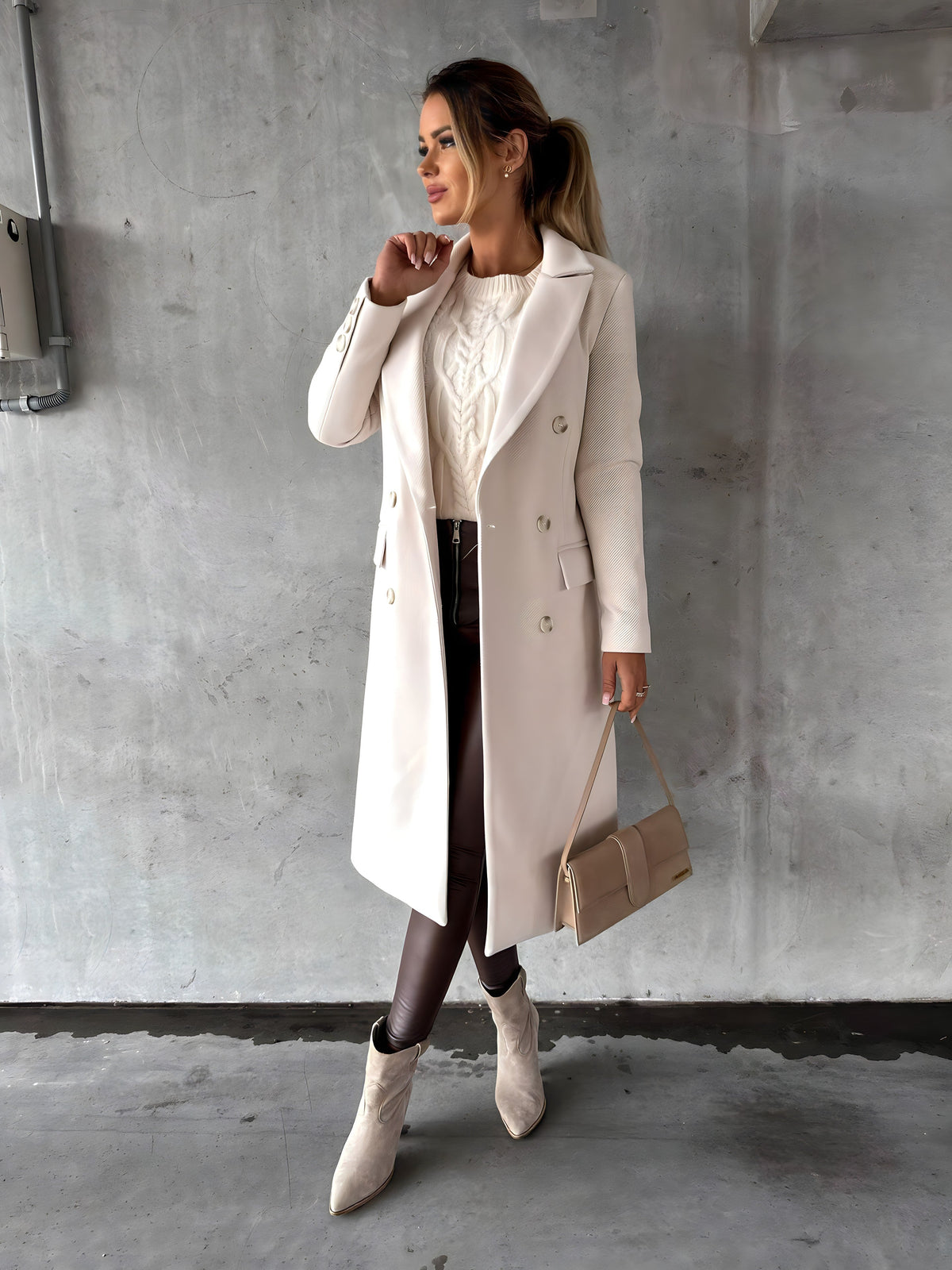 Bianca | Womens Double-Breasted Long Coat with Wide Lapels | Tailored Fit, Flap Pockets | Black, Brown, White S-2XL
