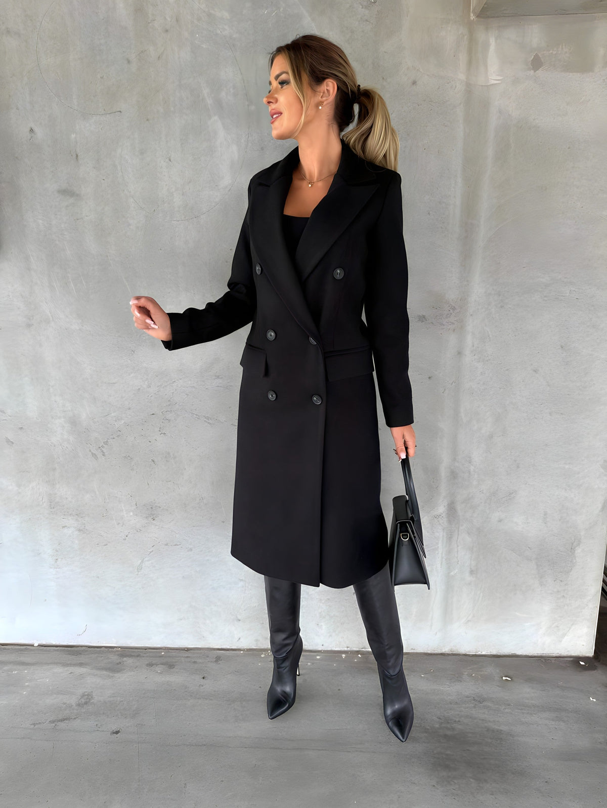 Bianca | Womens Double-Breasted Long Coat with Wide Lapels | Tailored Fit, Flap Pockets | Black, Brown, White S-2XL