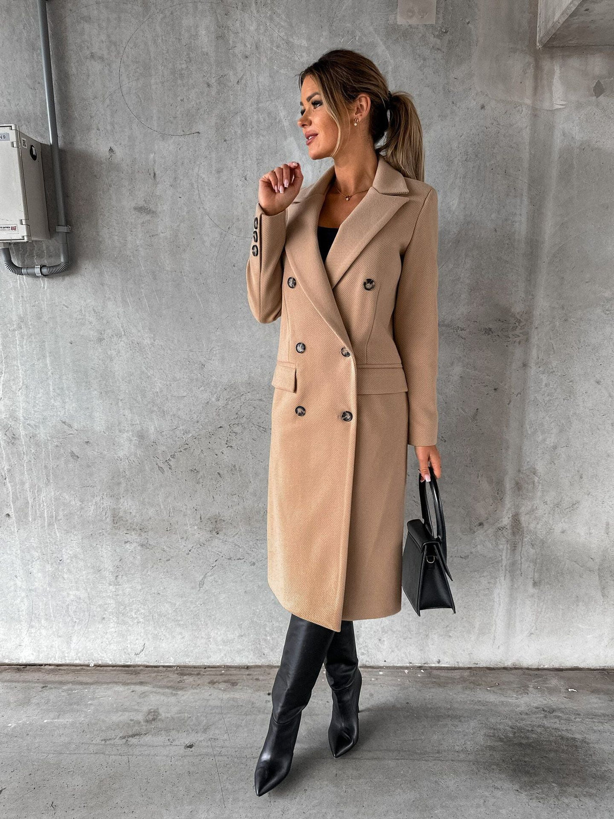 Bianca | Womens Double-Breasted Long Coat with Wide Lapels | Tailored Fit, Flap Pockets | Black, Brown, White S-2XL