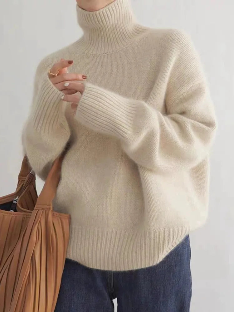Women's Fuzzy Turtleneck Sweater Oversized Drop Shoulder Knit Pullover