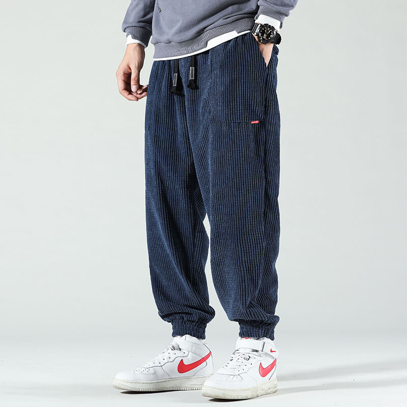 Men's Corduroy Jogger Trousers, Elastic Waist, Cuffed Ankles