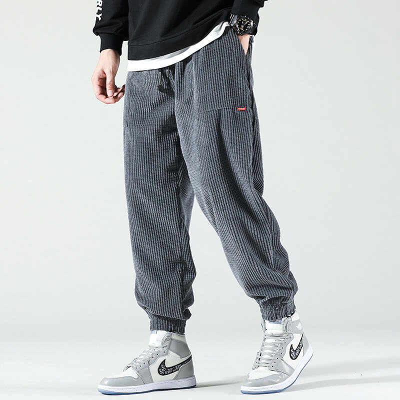 Men's Corduroy Jogger Trousers, Elastic Waist, Cuffed Ankles