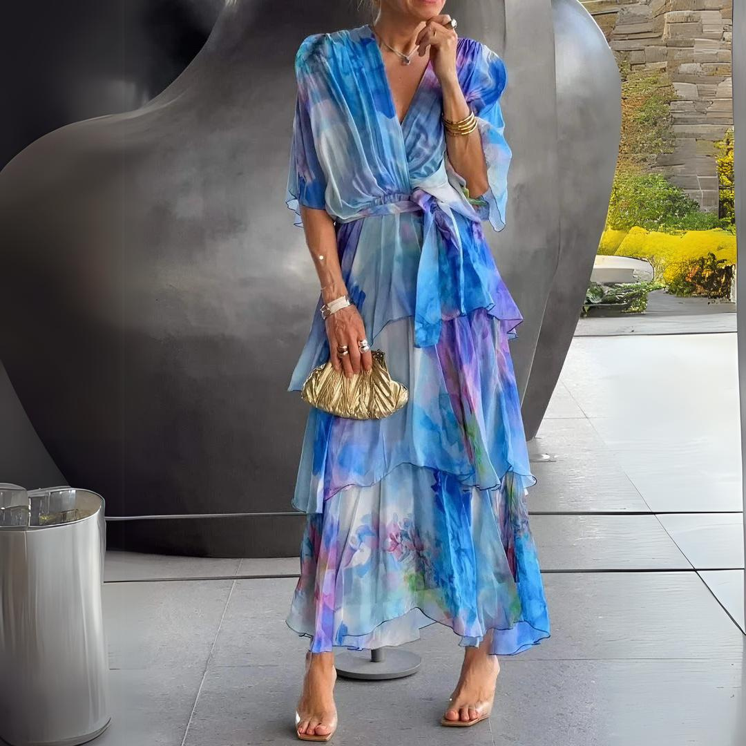 Women's Blue Cocktail Dress with a V Neck | Soft Draping, Defined Waist and a Flowing Skirt | Size S-3XL
