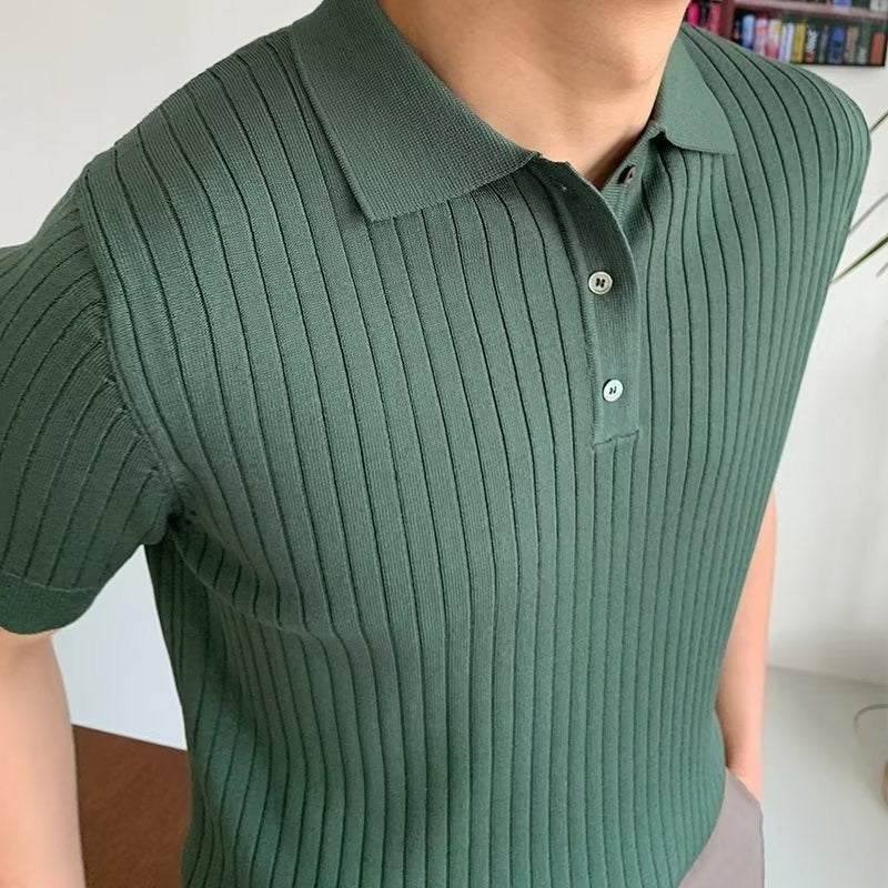 Men's Ribbed Knitted Polo Shirt, Short Sleeves, Button Placket