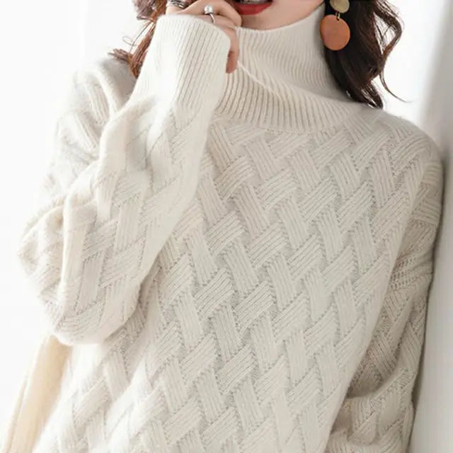Cassandra | Womens Turtleneck Sweater with Woven Pattern | Soft Feel, Warm High Collar | Beige or Camel XS-3XL