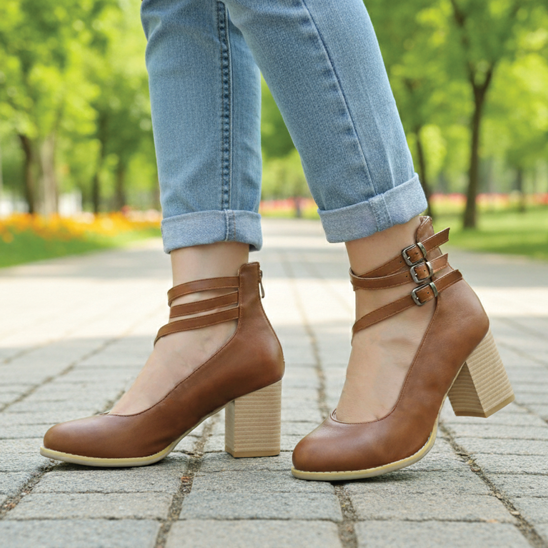 Women's Croc-Embossed Block Heel Pumps with Triple Ankle Straps