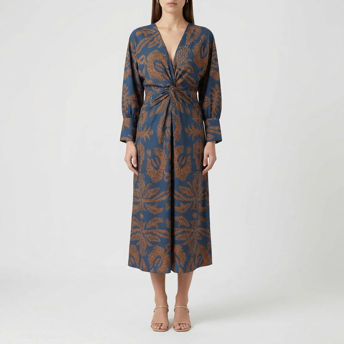 Women's Wrap-Style Midi Dress with Deep V-Neck
