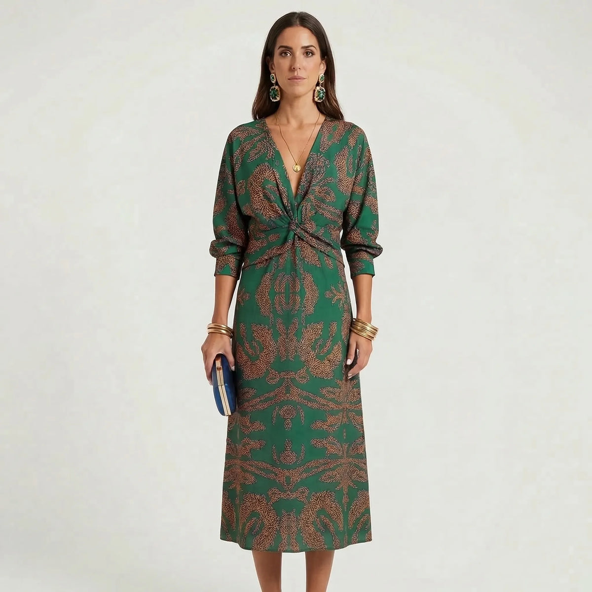 Women's Wrap-Style Midi Dress with Deep V-Neck