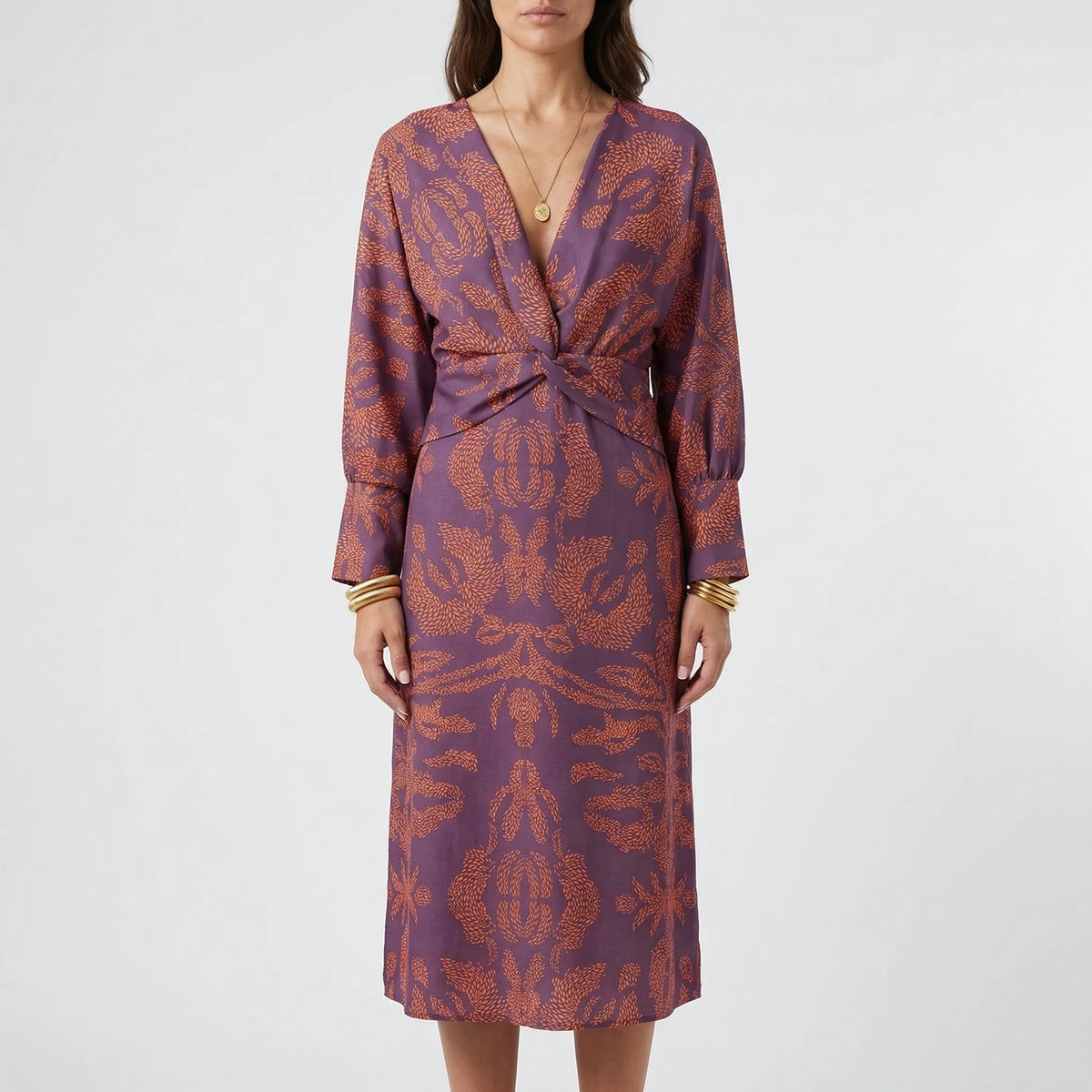 Women's Wrap-Style Midi Dress with Deep V-Neck