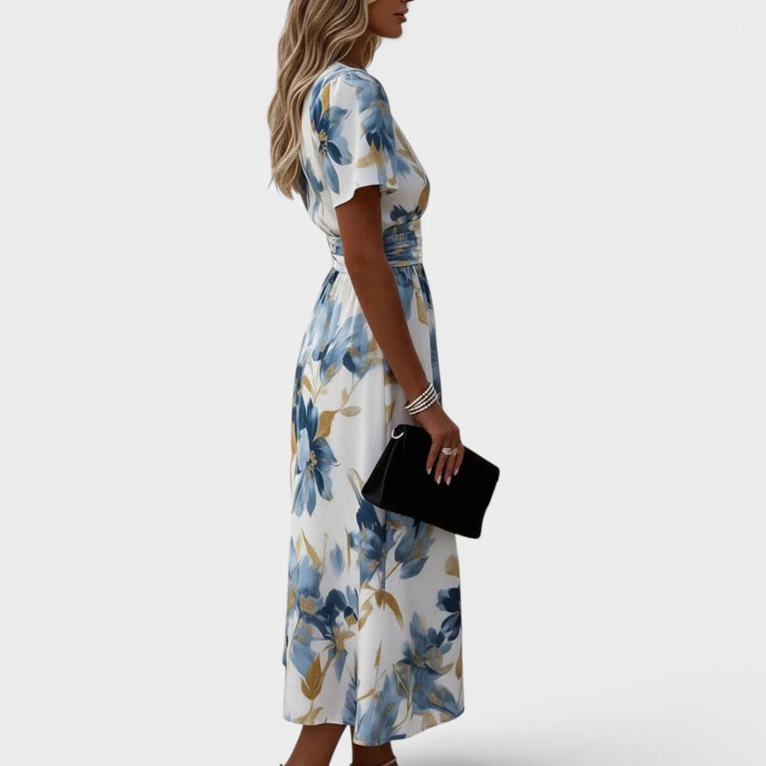 Women's Floral A-Line Midi Dress – V-Neck Cinched Waist Dress