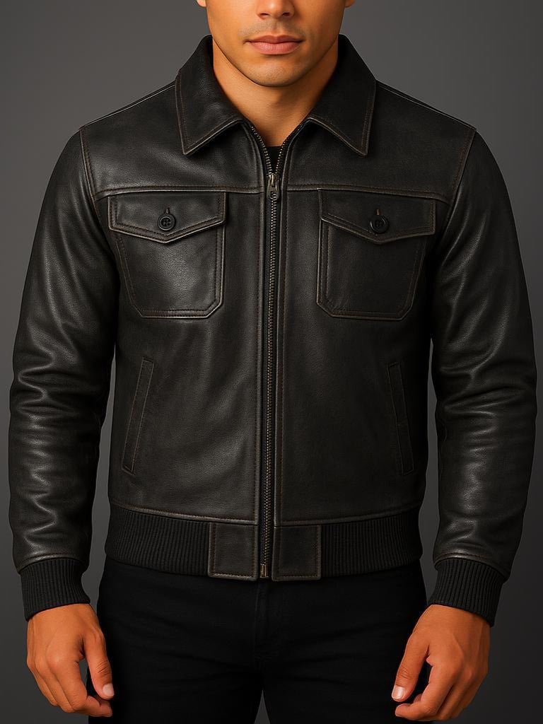 Denzel - Men's Leather Bomber Jacket with Flap Pockets