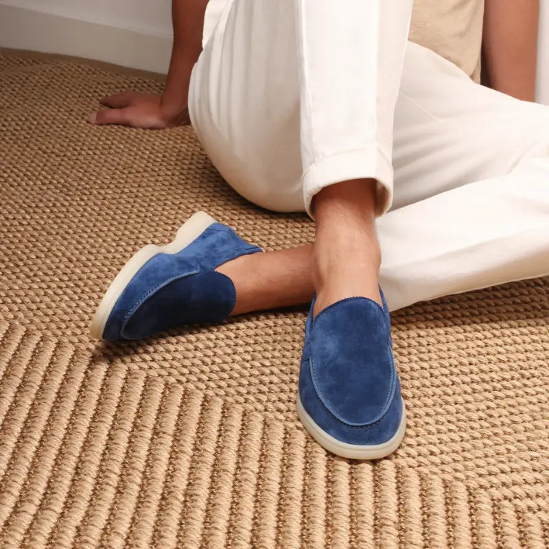 Men's Blue Loafers, Textured Finish, Round Toe, Flat Sole