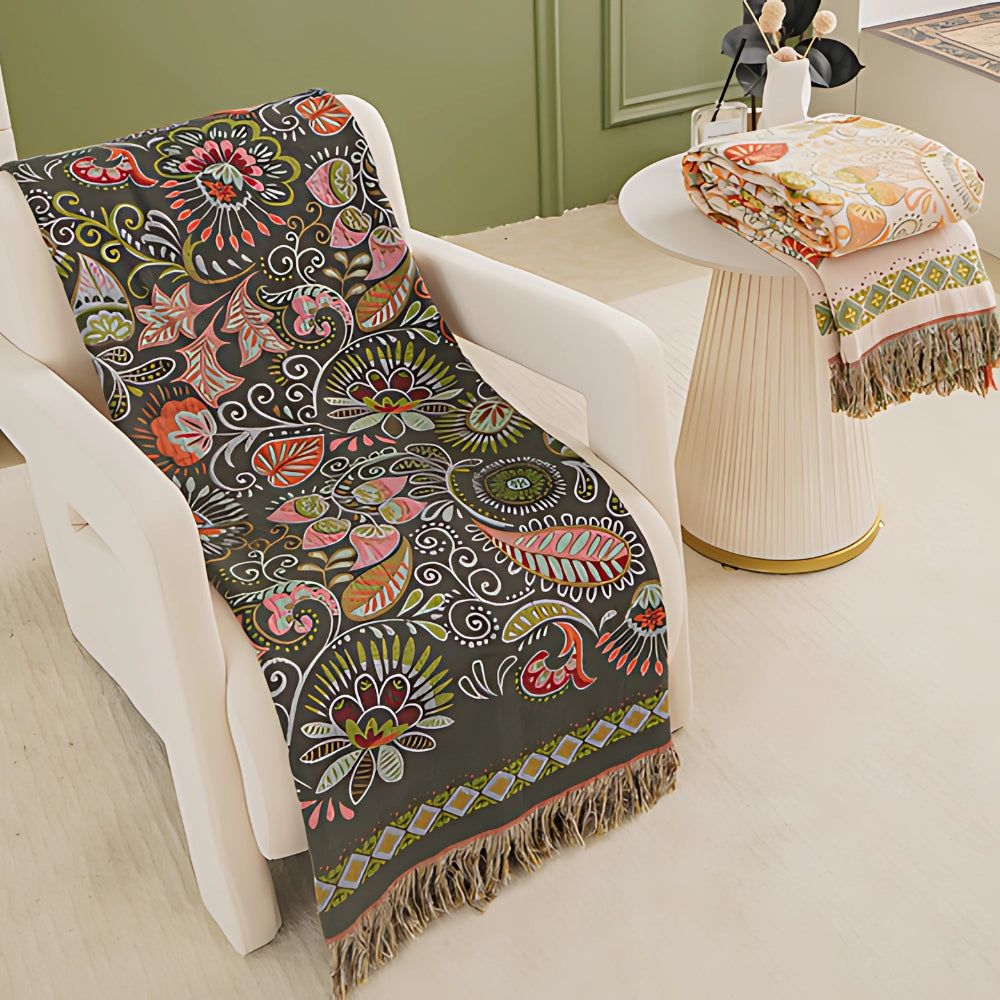 Double-Sided Fringed Boho Blanket for Sofa and Bed Cozy Cover