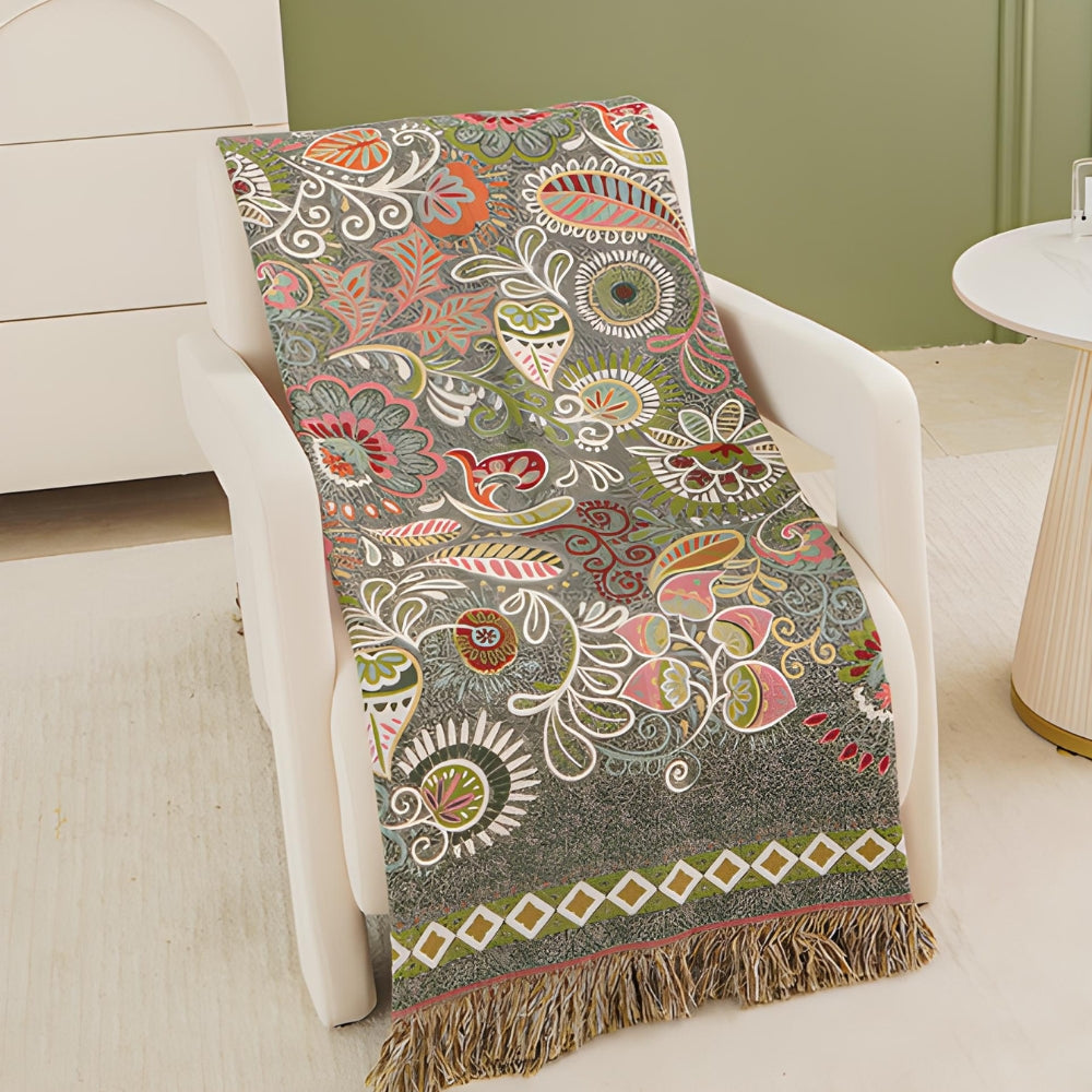 Double-Sided Fringed Boho Blanket for Sofa and Bed Cozy Cover