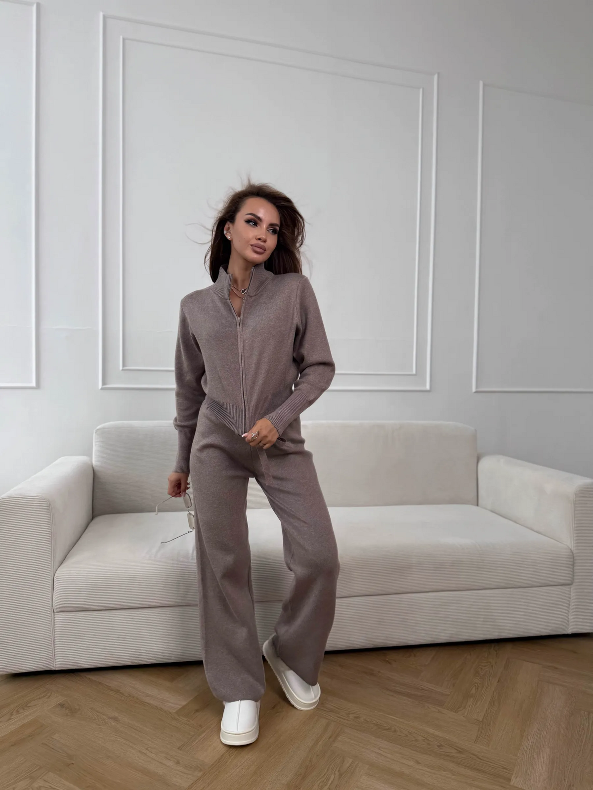 Women's Double-Zip Knit Sweater And Trouser Set