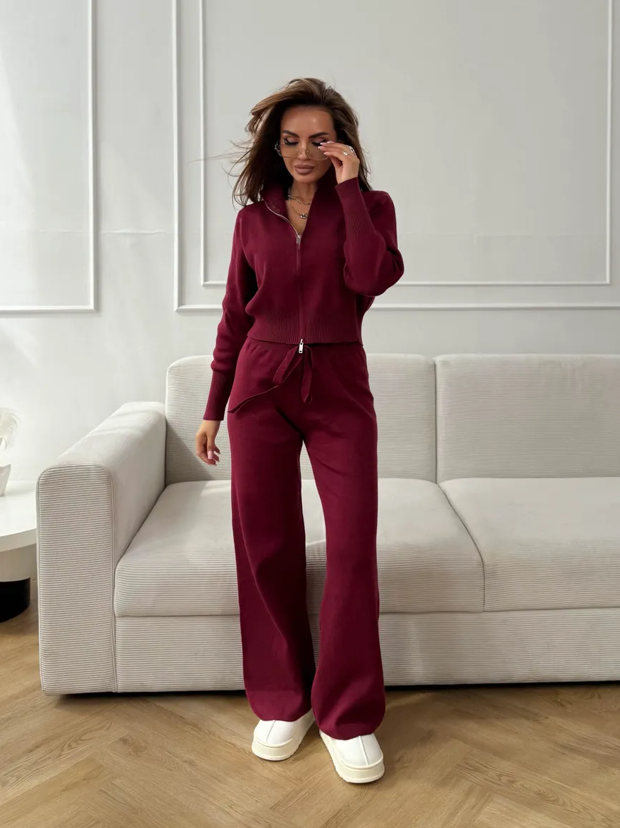 Women's Double-Zip Knit Sweater And Trouser Set