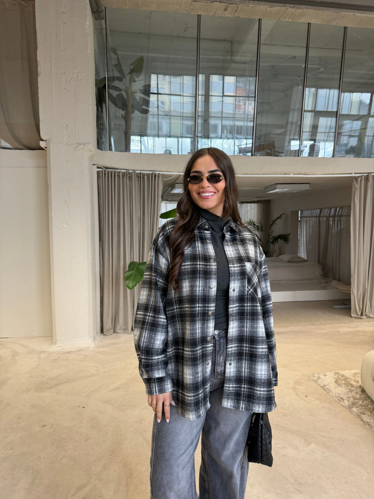 Women's Plaid Shirt And Turtleneck Set, Long Sleeves, Relaxed Fit