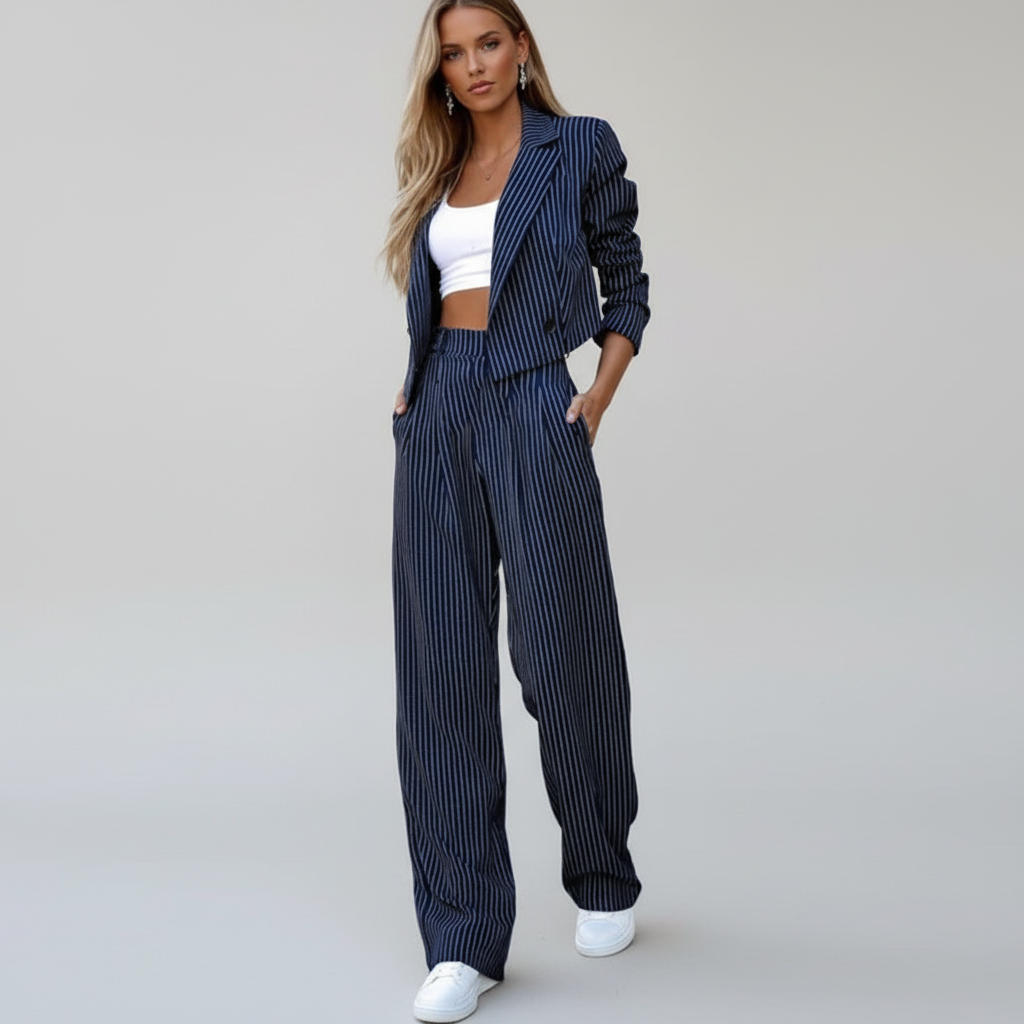 Women's Pinstripe Blazer And Wide-Leg Trouser Suit Set