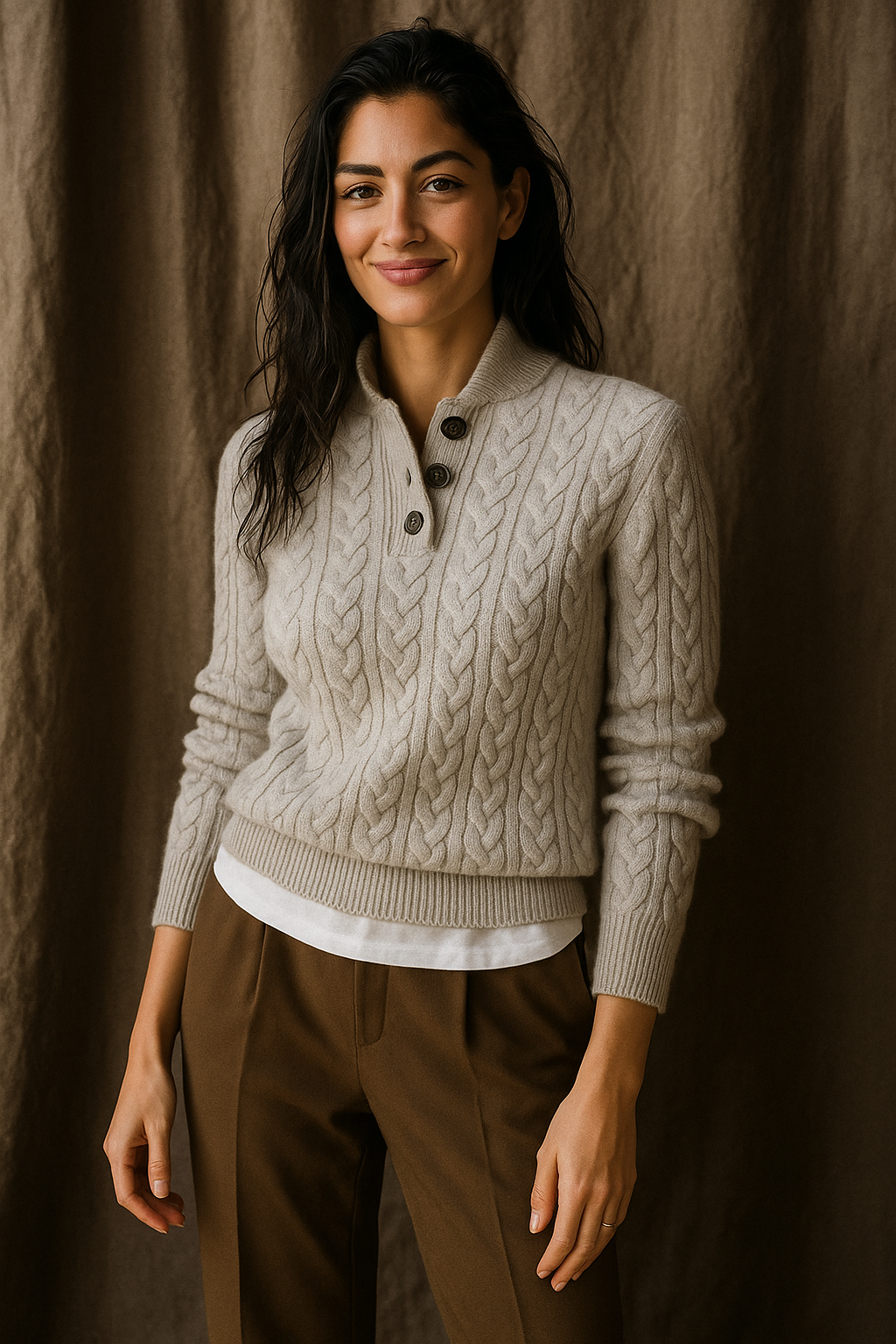Arden | Womens Button-Up Cable Knit Sweater | Wool Cashmere Blend, Stand Collar | Olive, Khaki and More XS-2XL