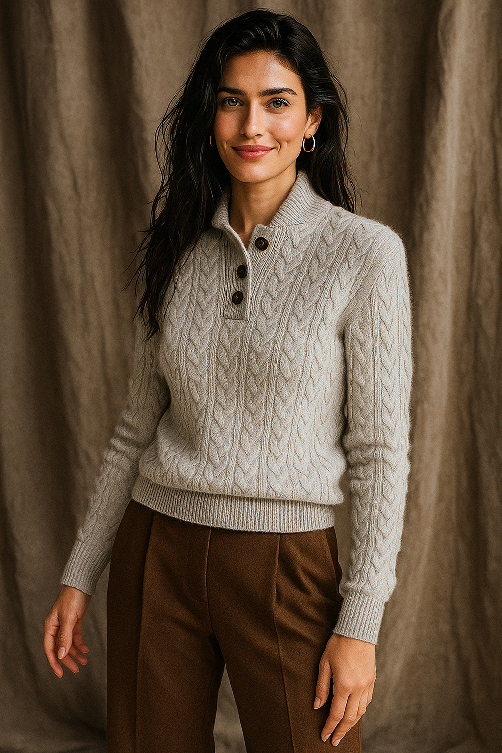 Arden | Womens Button-Up Cable Knit Sweater | Wool Cashmere Blend, Stand Collar | Olive, Khaki and More XS-2XL