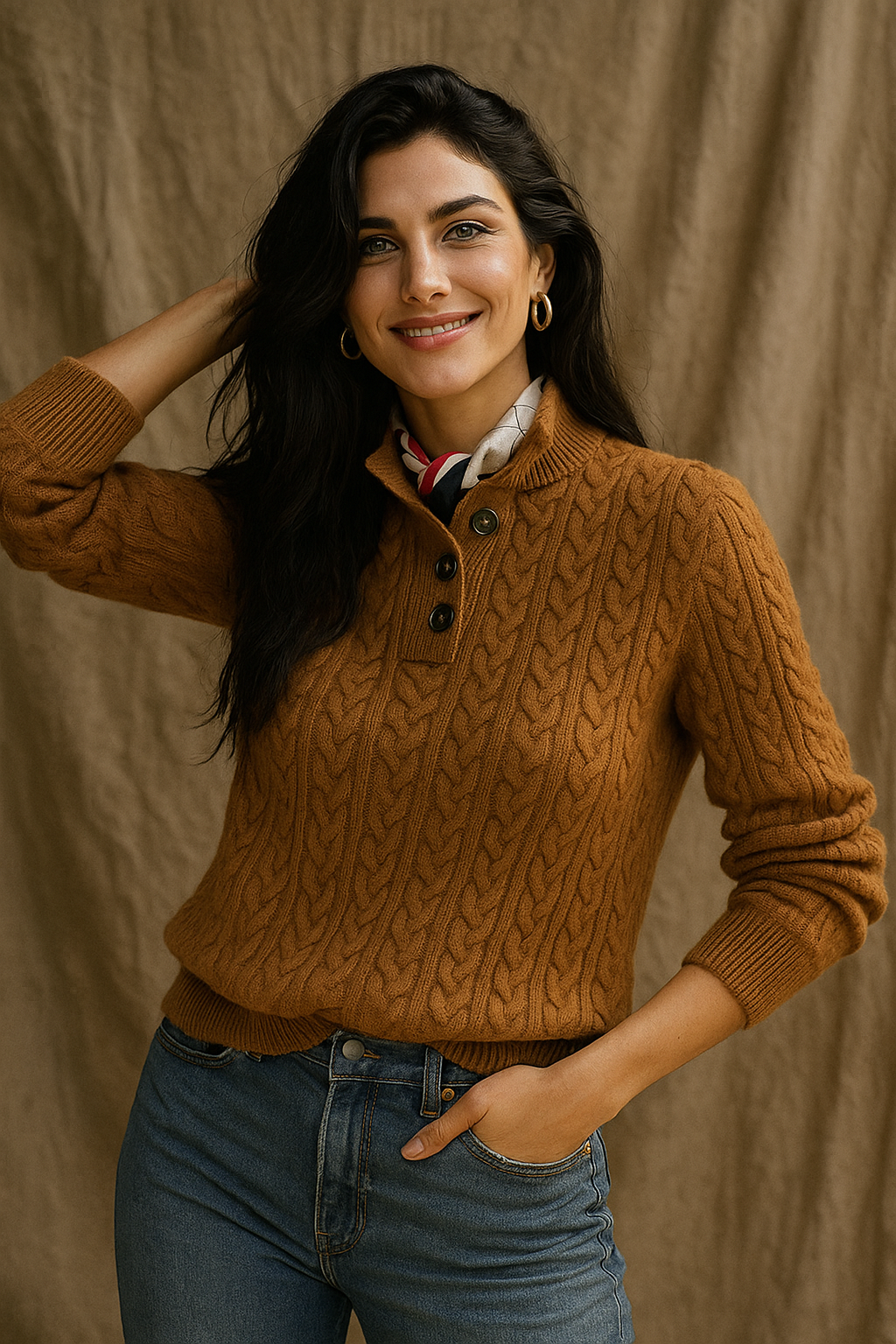 Arden | Womens Button-Up Cable Knit Sweater | Wool Cashmere Blend, Stand Collar | Olive, Khaki and More XS-2XL