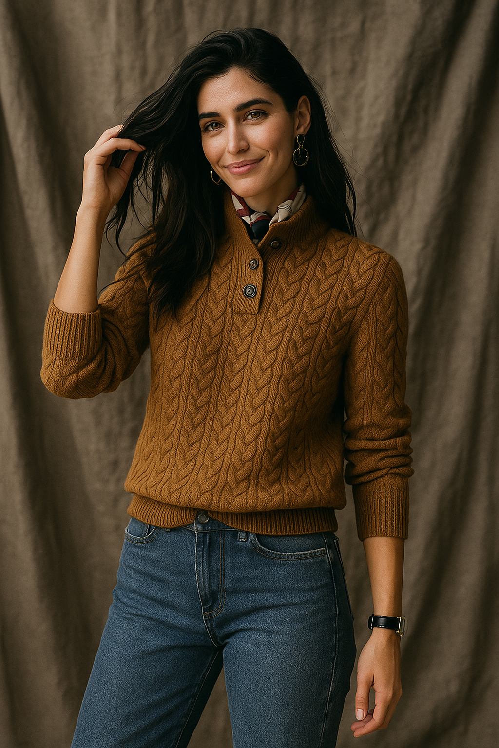 Arden | Womens Button-Up Cable Knit Sweater | Wool Cashmere Blend, Stand Collar | Olive, Khaki and More XS-2XL