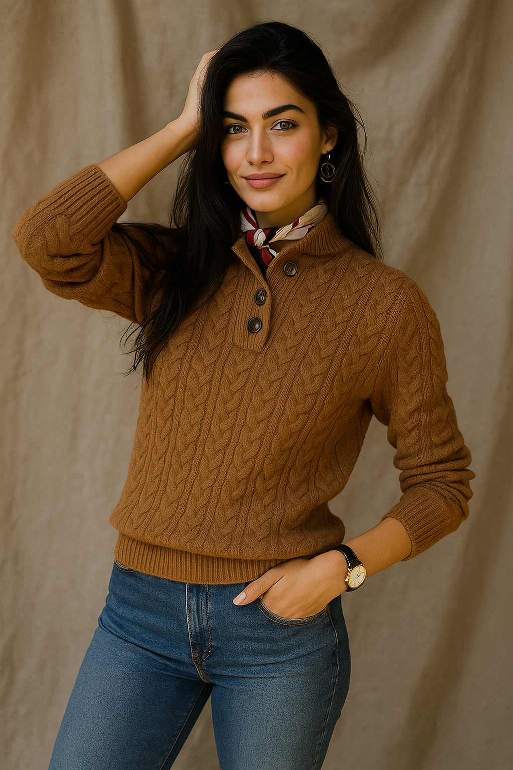 Arden | Womens Button-Up Cable Knit Sweater | Wool Cashmere Blend, Stand Collar | Olive, Khaki and More XS-2XL