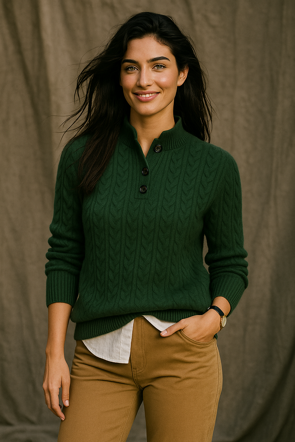 Arden | Womens Button-Up Cable Knit Sweater | Wool Cashmere Blend, Stand Collar | Olive, Khaki and More XS-2XL