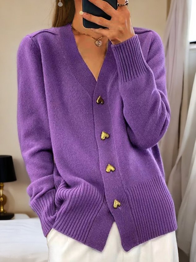 Elin | Womens Warm Knit Cardigan Sweater | Gold Heart-Shaped Buttons, Soft Knit | Black, Pink, Red and More S-2XL