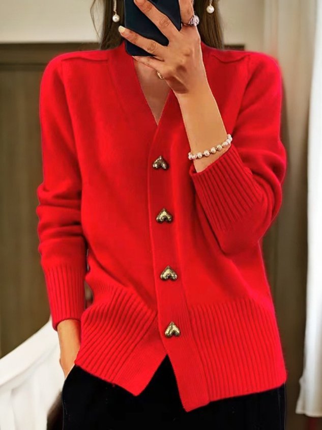 Elin | Womens Warm Knit Cardigan Sweater | Gold Heart-Shaped Buttons, Soft Knit | Black, Pink, Red and More S-2XL