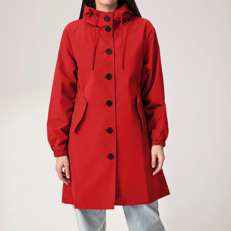 Women's Hooded Trench Coat Mid-Length with Button Front