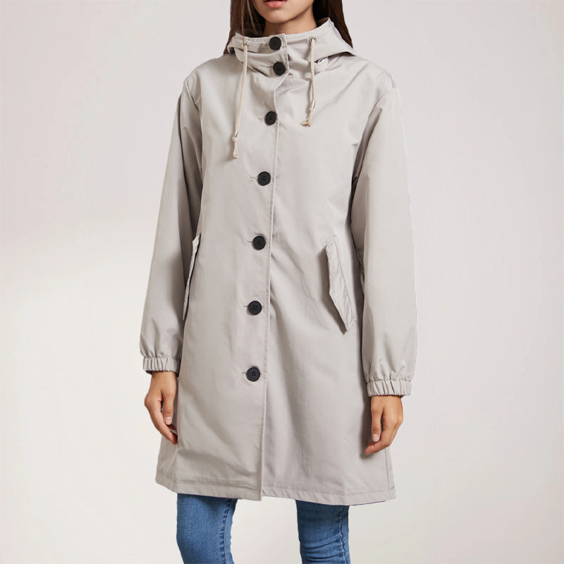 Women's Hooded Trench Coat Mid-Length with Button Front