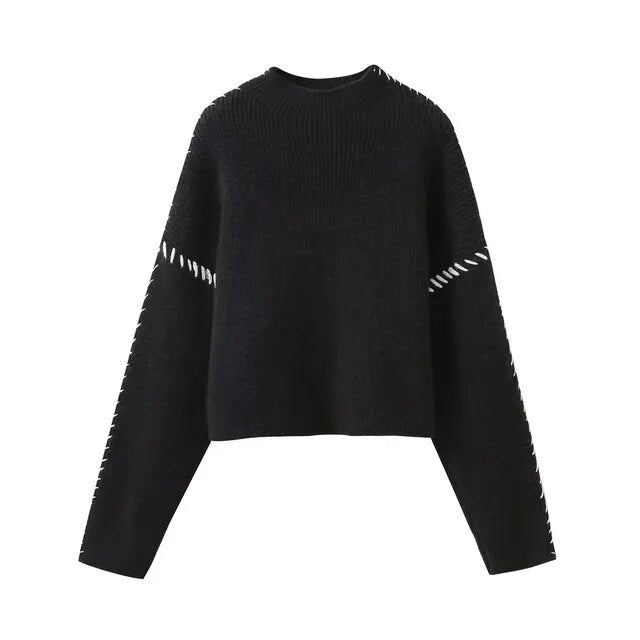 Women's Contrast Stitch Crew Neck Knit Sweater