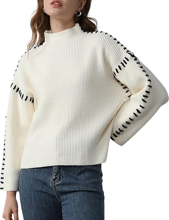 Women's Contrast Stitch Crew Neck Knit Sweater