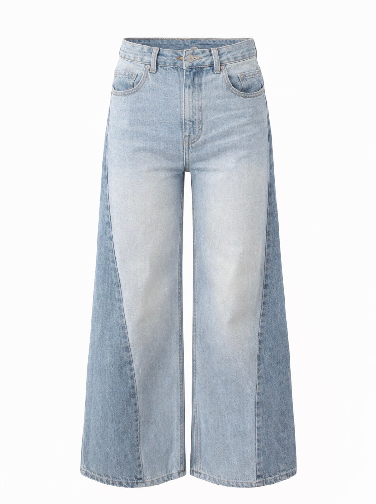 Women's Blue Wide-Leg Jeans, High Waist, Contrast Panels