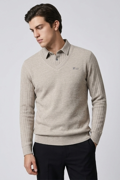 Men's Layered V-Neck Knit Jumper, Long Sleeves