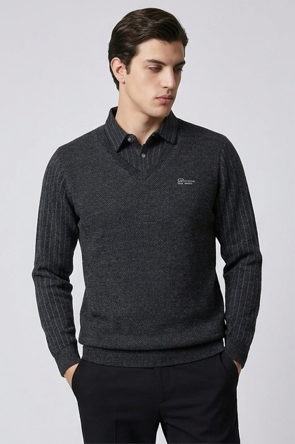 Men's Layered V-Neck Knit Jumper, Long Sleeves