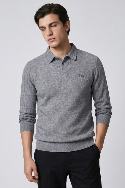 Men's Layered V-Neck Knit Jumper, Long Sleeves