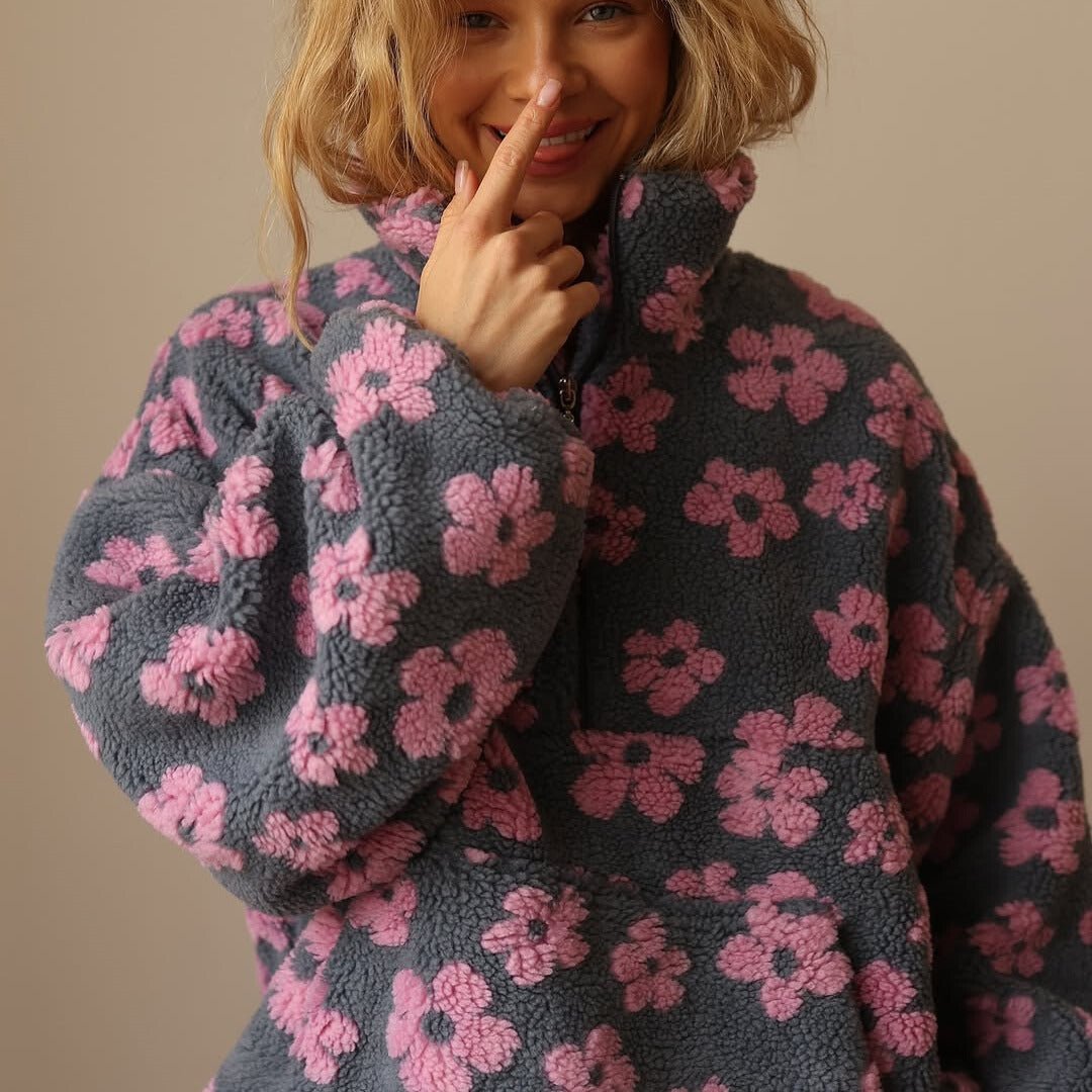 Erica | Womens Floral Teddy Fleece Jacket with Half Zip | Oversized Fit, Daisy Print | Yellow, Pink and More S-3XL