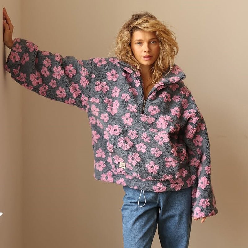 Erica | Womens Floral Teddy Fleece Jacket with Half Zip | Oversized Fit, Daisy Print | Yellow, Pink and More S-3XL